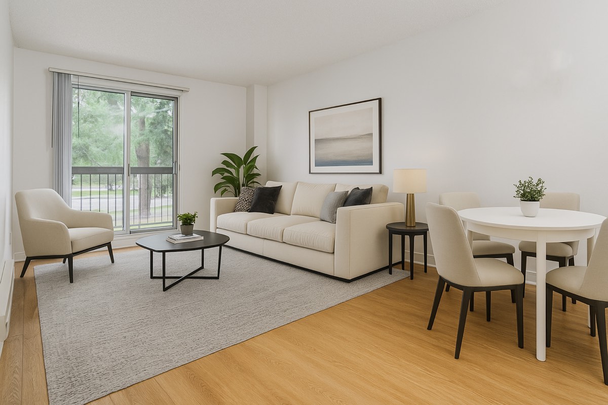 Staged open living and dining area in the 3½