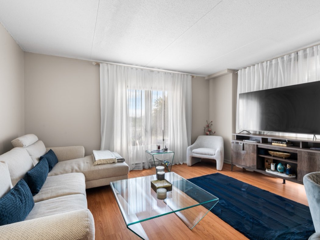 Staged living room with sofa and television