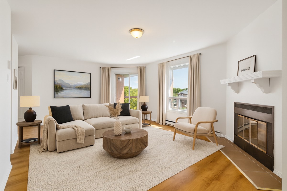 Staged living room with fireplace