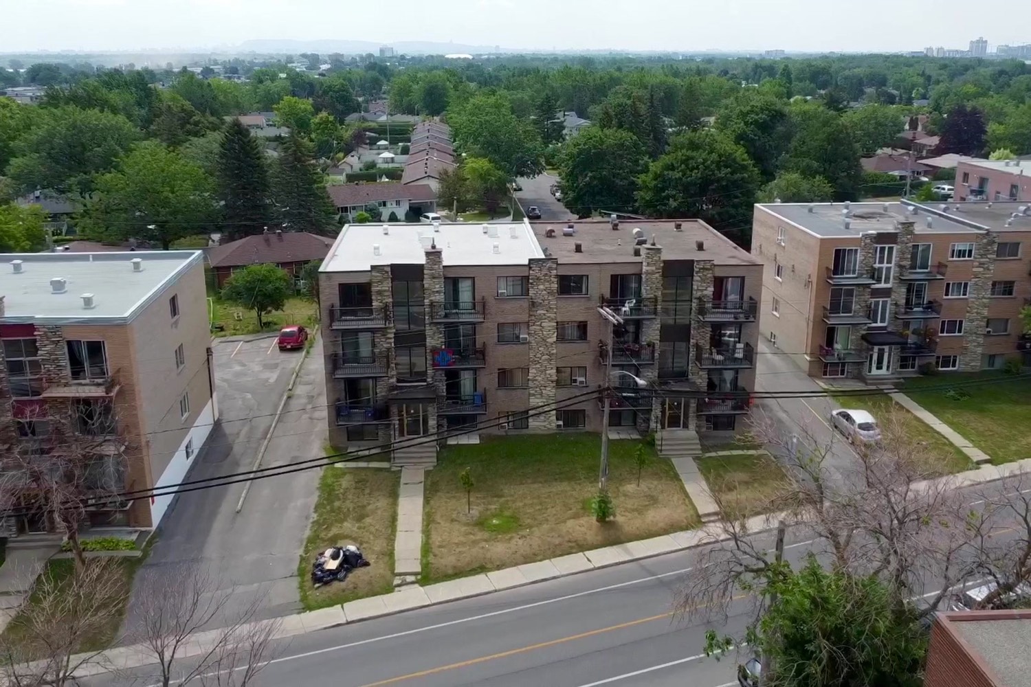 The row of buildings from the air
