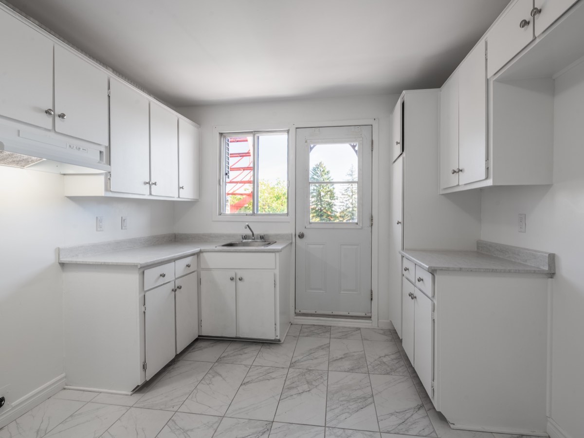 Kitchen with rear door to the grounds