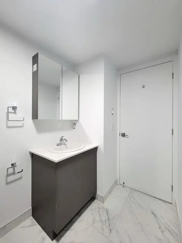 Bathroom vanity with a mirror cabinet, beside the door