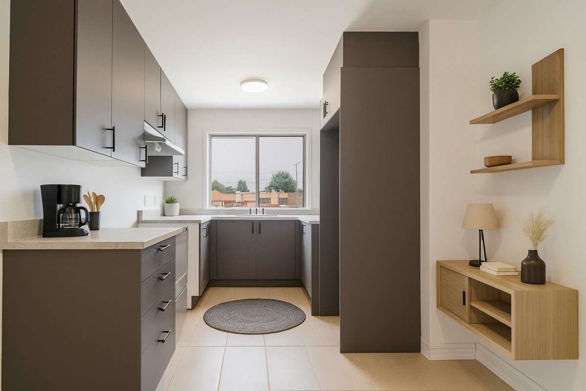 Staged kitchen with dark cabinets in the 4½